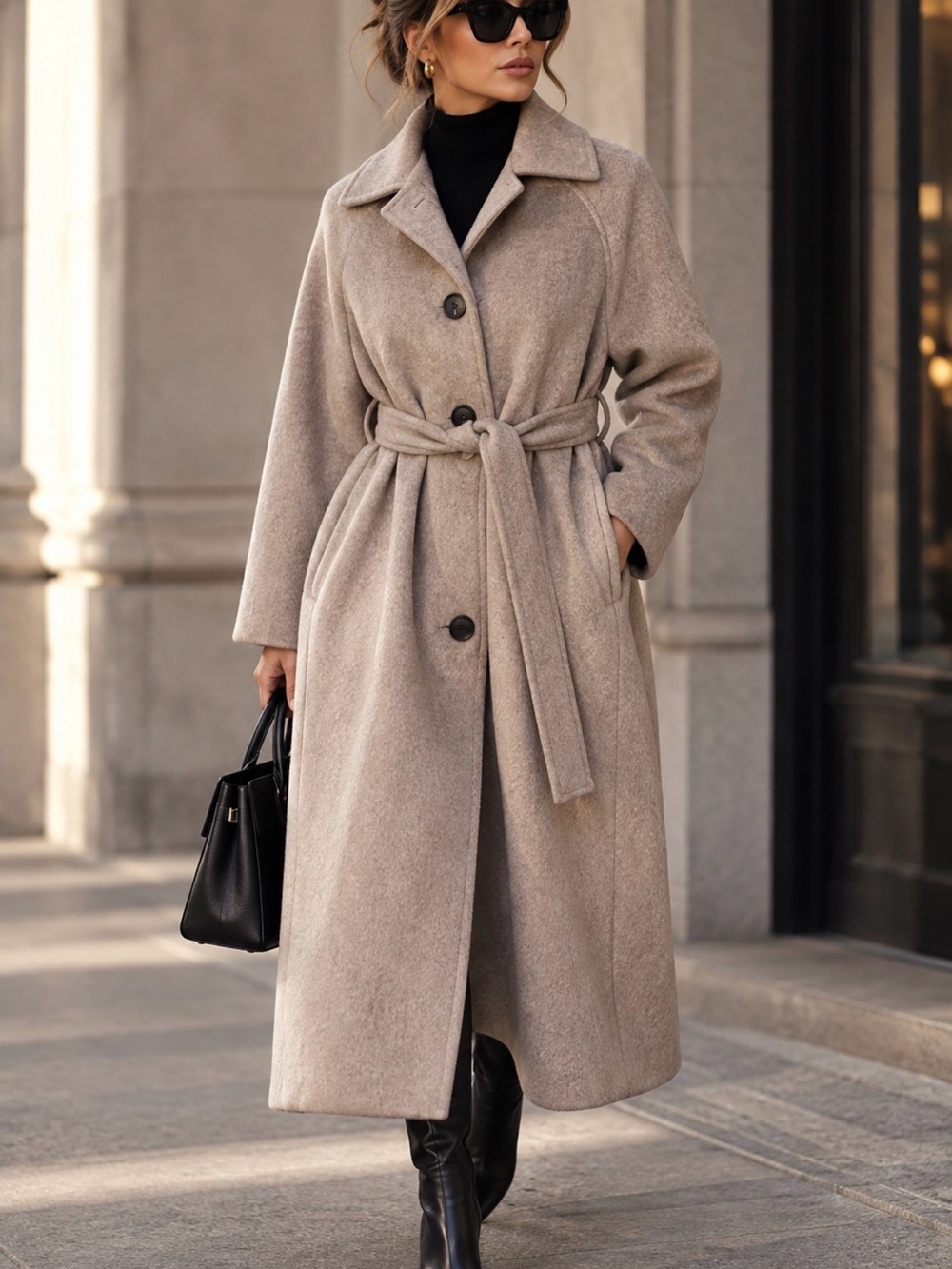 Tailored Long Belted Trench Coat in Taupe Sz. M